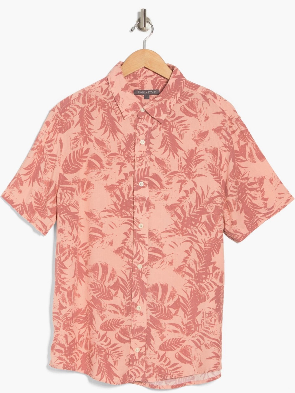 Slate & Stone Coral Pink Tropical Print Short Sleeve Button-Up